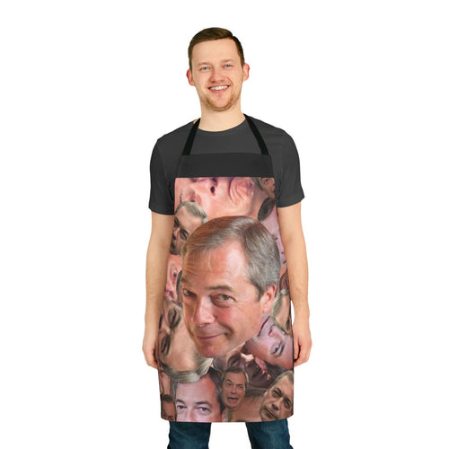 Apron with the slogan "Can't Barrage the Farage" featuring Nigel Farage's face