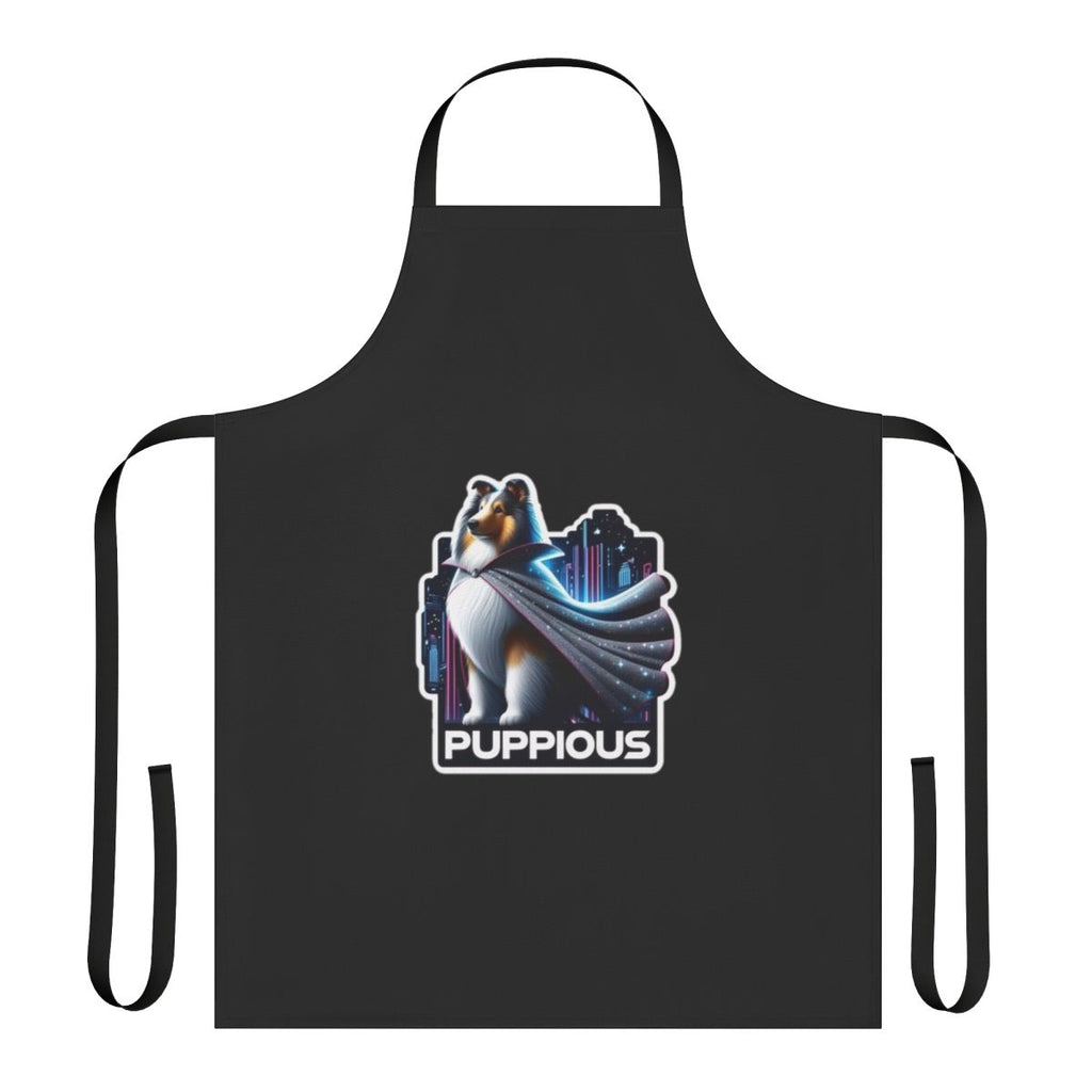 Adorable collie puppy wearing a superhero cape and apron standing in front of a city skyline