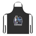 Adorable collie puppy wearing a superhero cape and apron standing in front of a city skyline