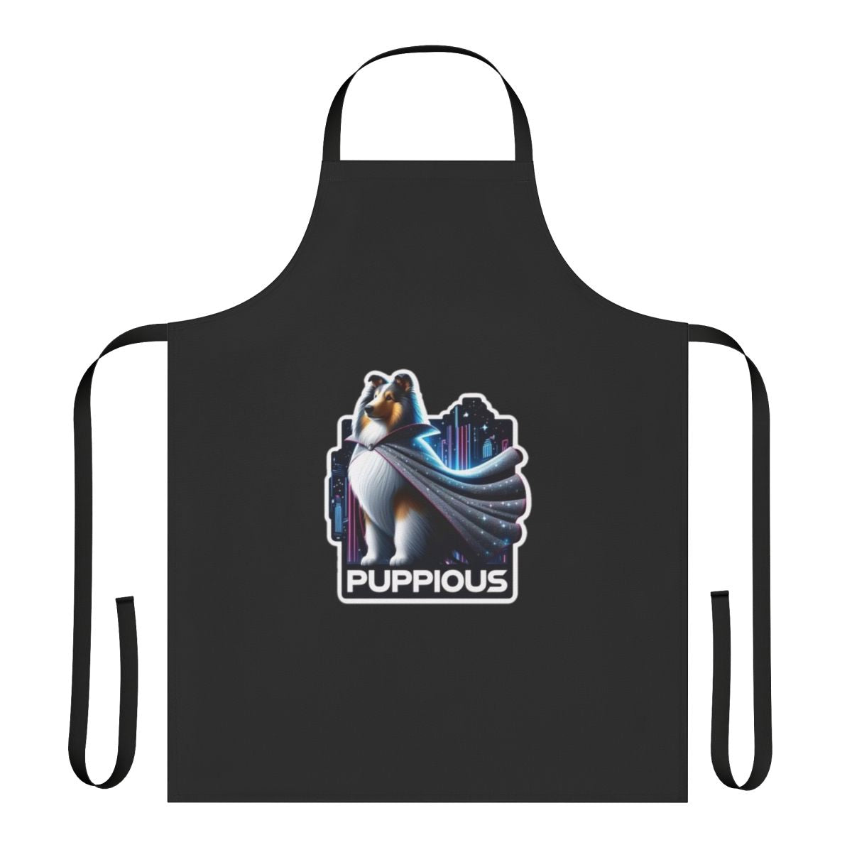 Adorable collie puppy wearing a superhero cape and apron standing in front of a city skyline