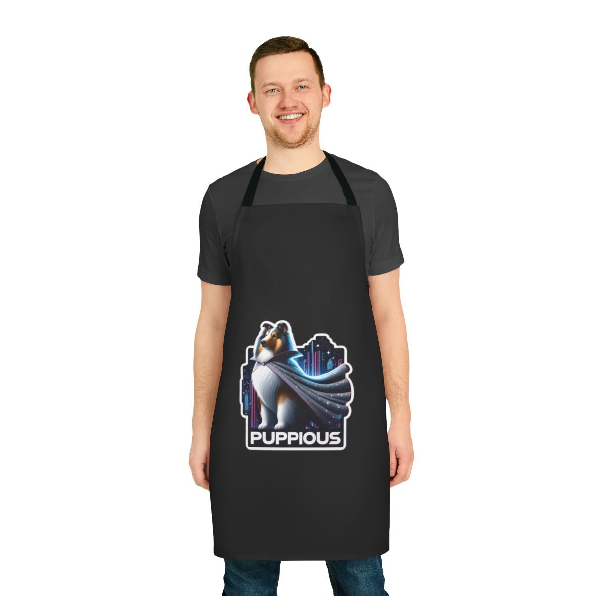 Adorable collie puppy wearing a superhero cape and apron standing in front of a city skyline