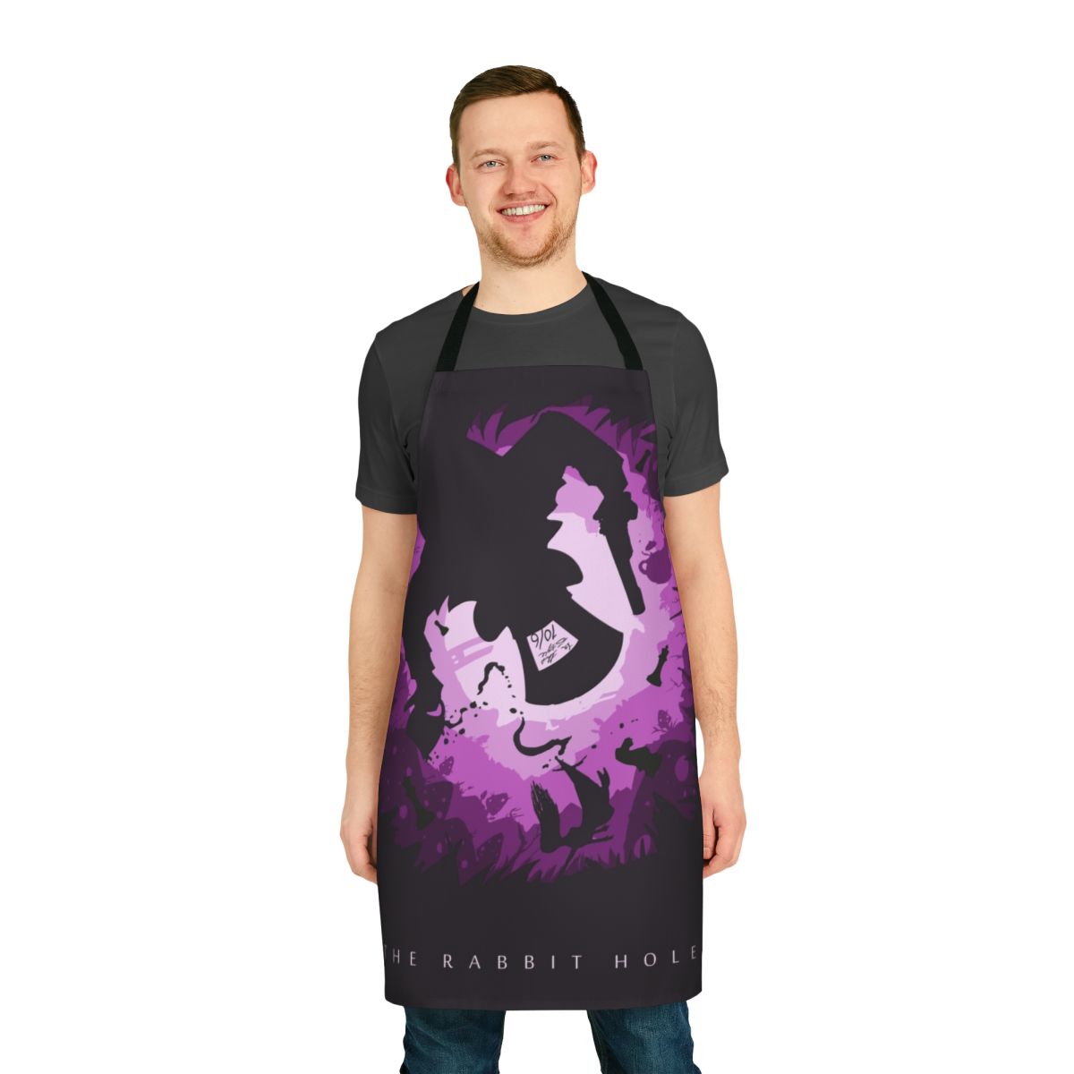 A black apron featuring the iconic Batman logo and comic book graphics, perfect for fans of DC's Dark Knight.