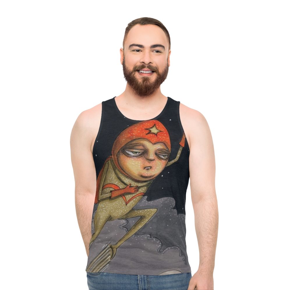 Captain Enthusiasm unisex tank top with a hand-drawn superhero design