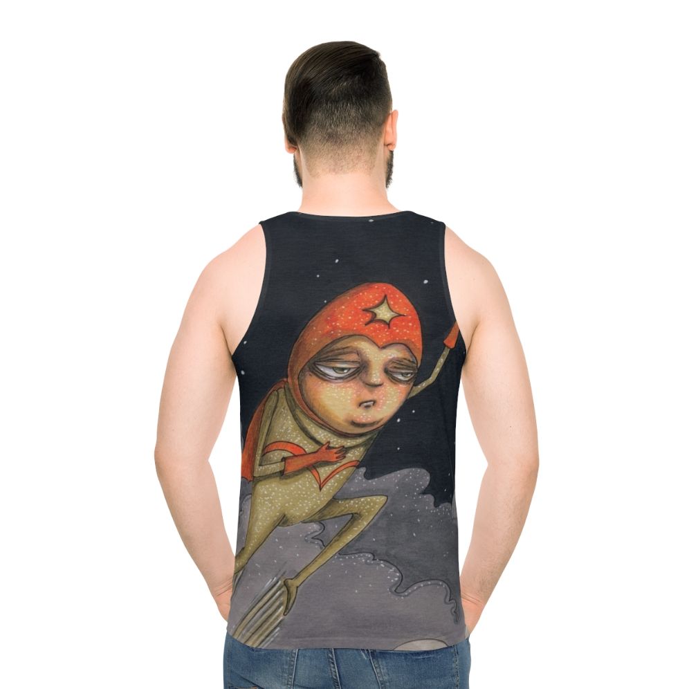 Captain Enthusiasm unisex tank top with a hand-drawn superhero design