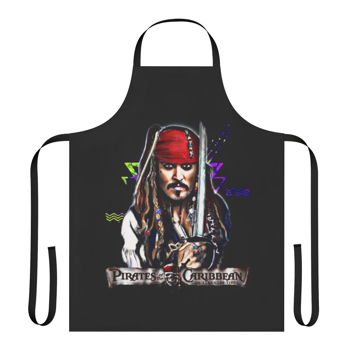 Captain Jack Sparrow inspired apron featuring an iconic pirate design for fans of the Pirates of the Caribbean franchise