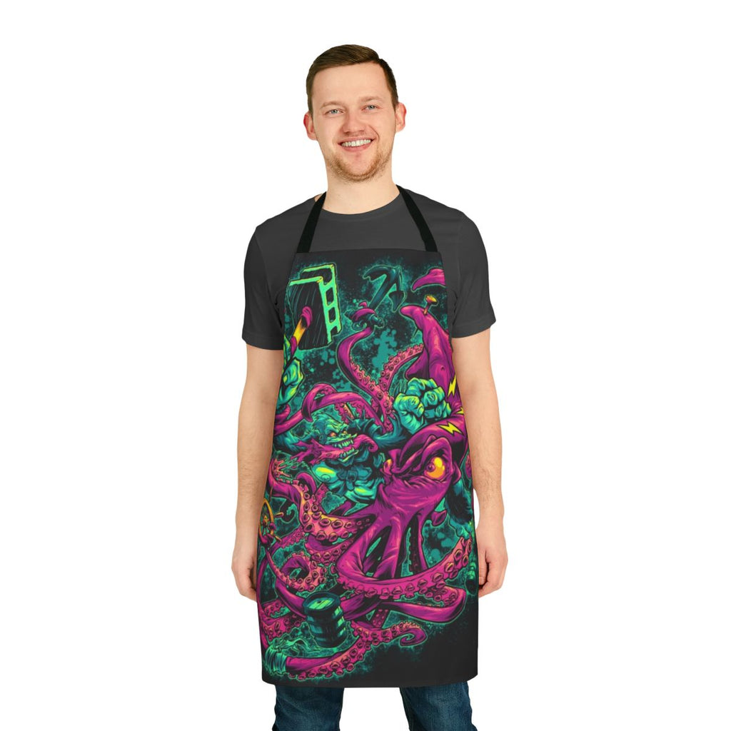 Apron featuring a striking illustration of a gorilla and a giant squid (architeuthis) in an epic battle.