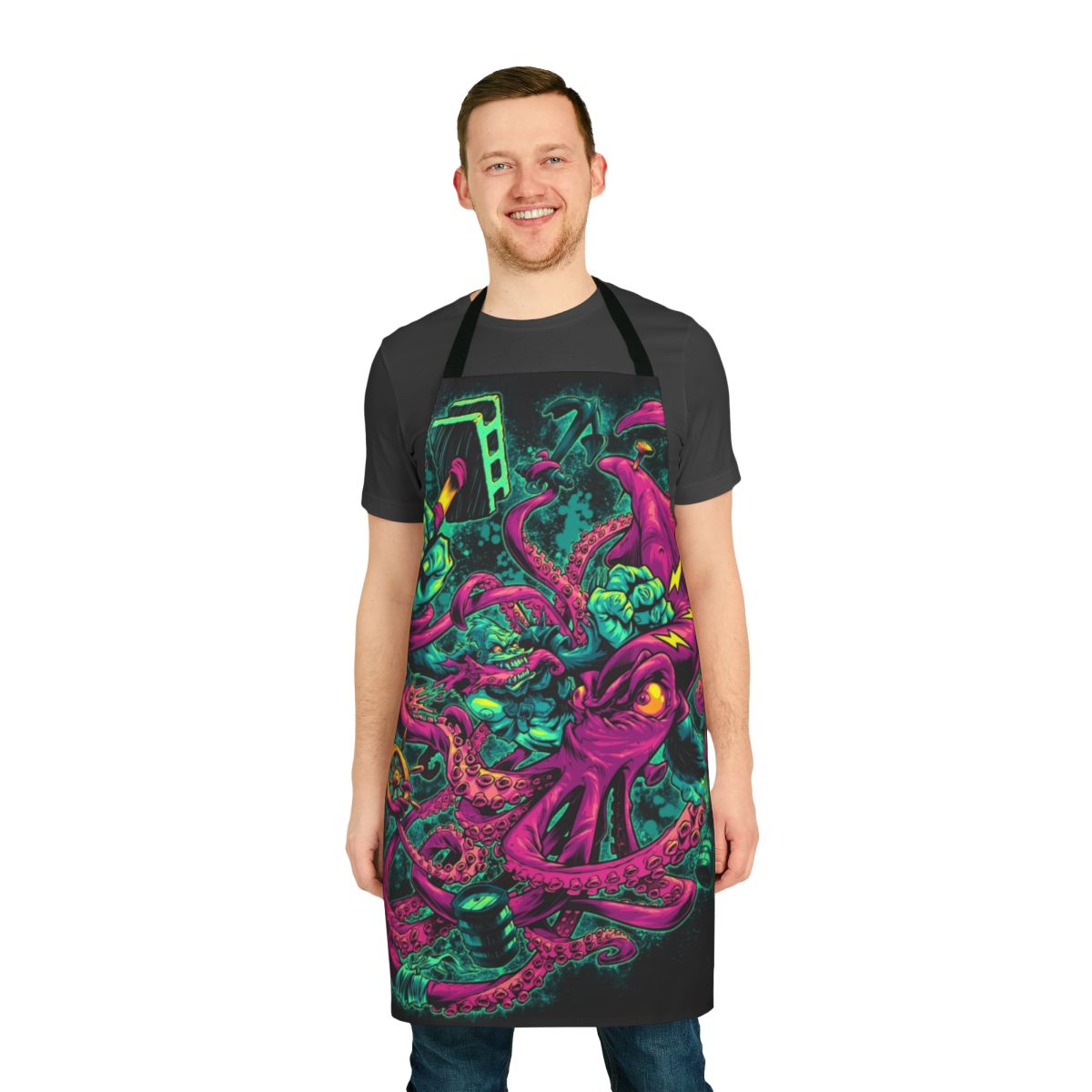 Apron featuring a striking illustration of a gorilla and a giant squid (architeuthis) in an epic battle.