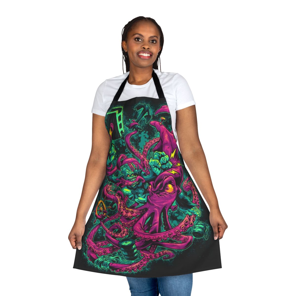 Apron featuring a striking illustration of a gorilla and a giant squid (architeuthis) in an epic battle.