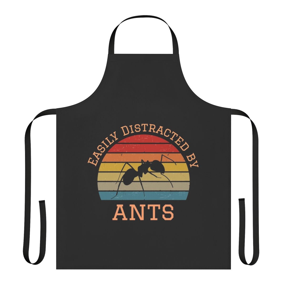 Apron with "Easily Distracted By Ants" text and colorful insect, spider, and beetle illustrations