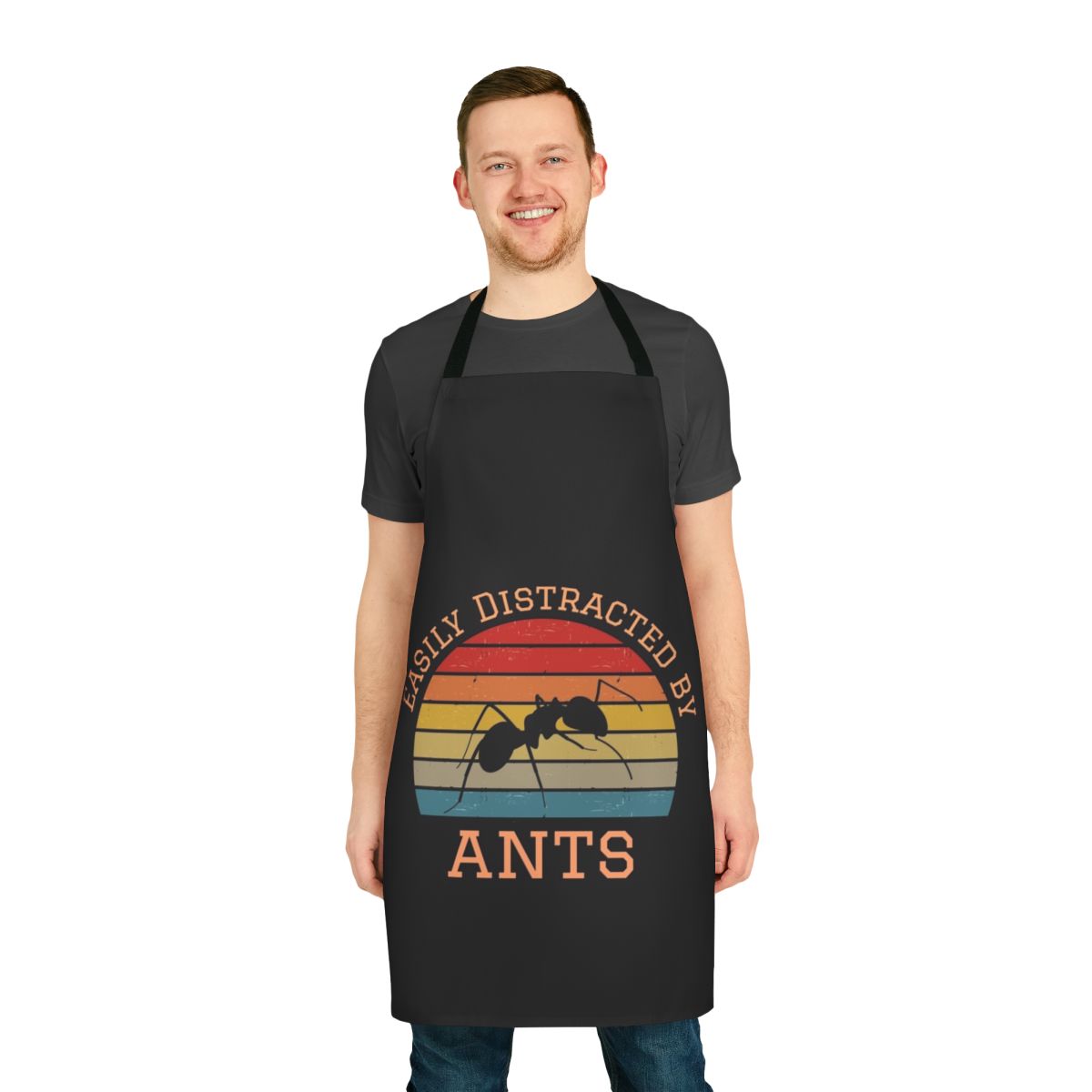 Apron with "Easily Distracted By Ants" text and colorful insect, spider, and beetle illustrations