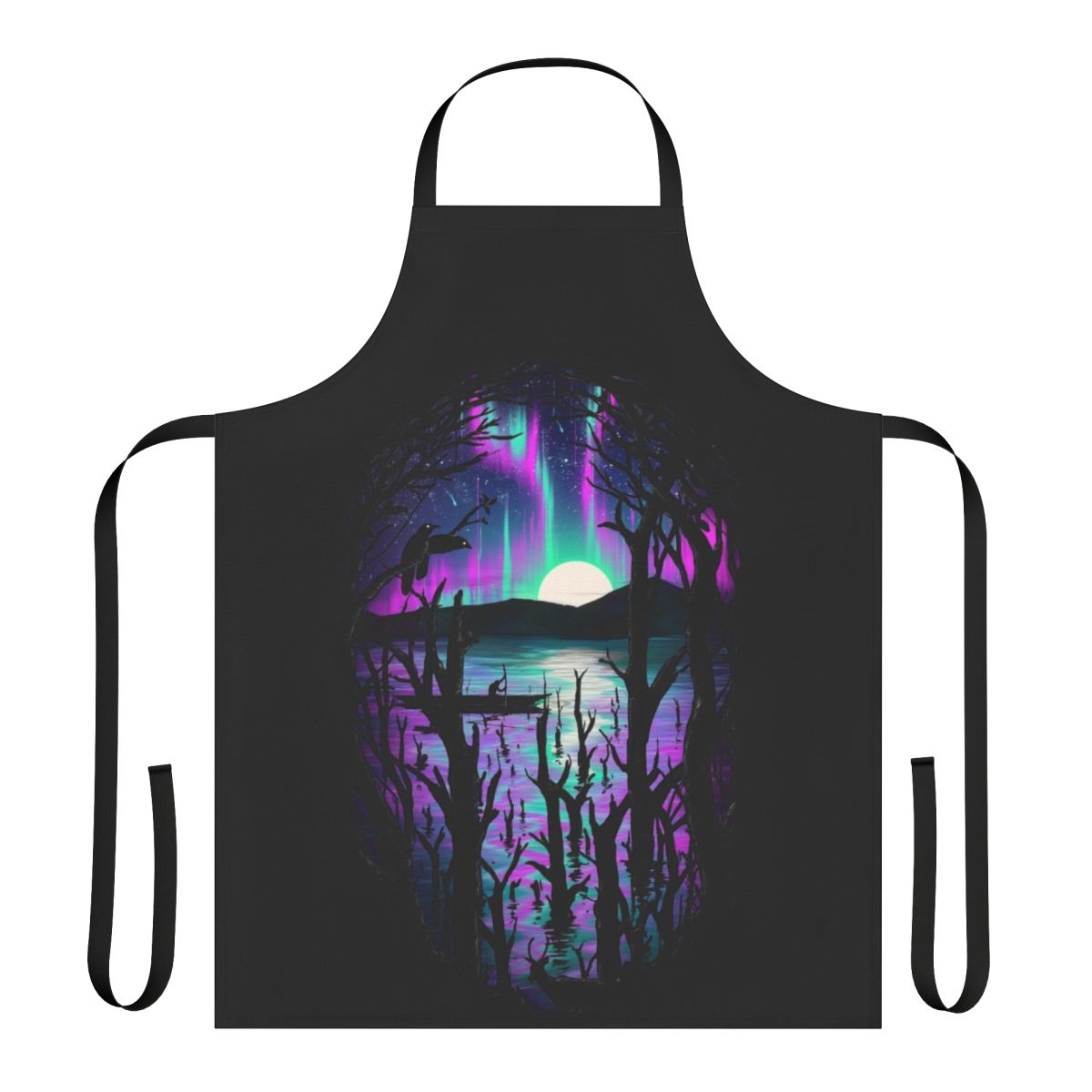 Apron with a vibrant, nature-inspired design featuring the aurora borealis, stars, and serene landscapes.