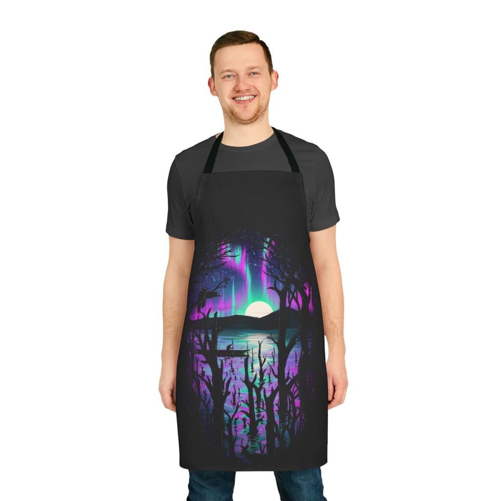 Apron with a vibrant, nature-inspired design featuring the aurora borealis, stars, and serene landscapes.