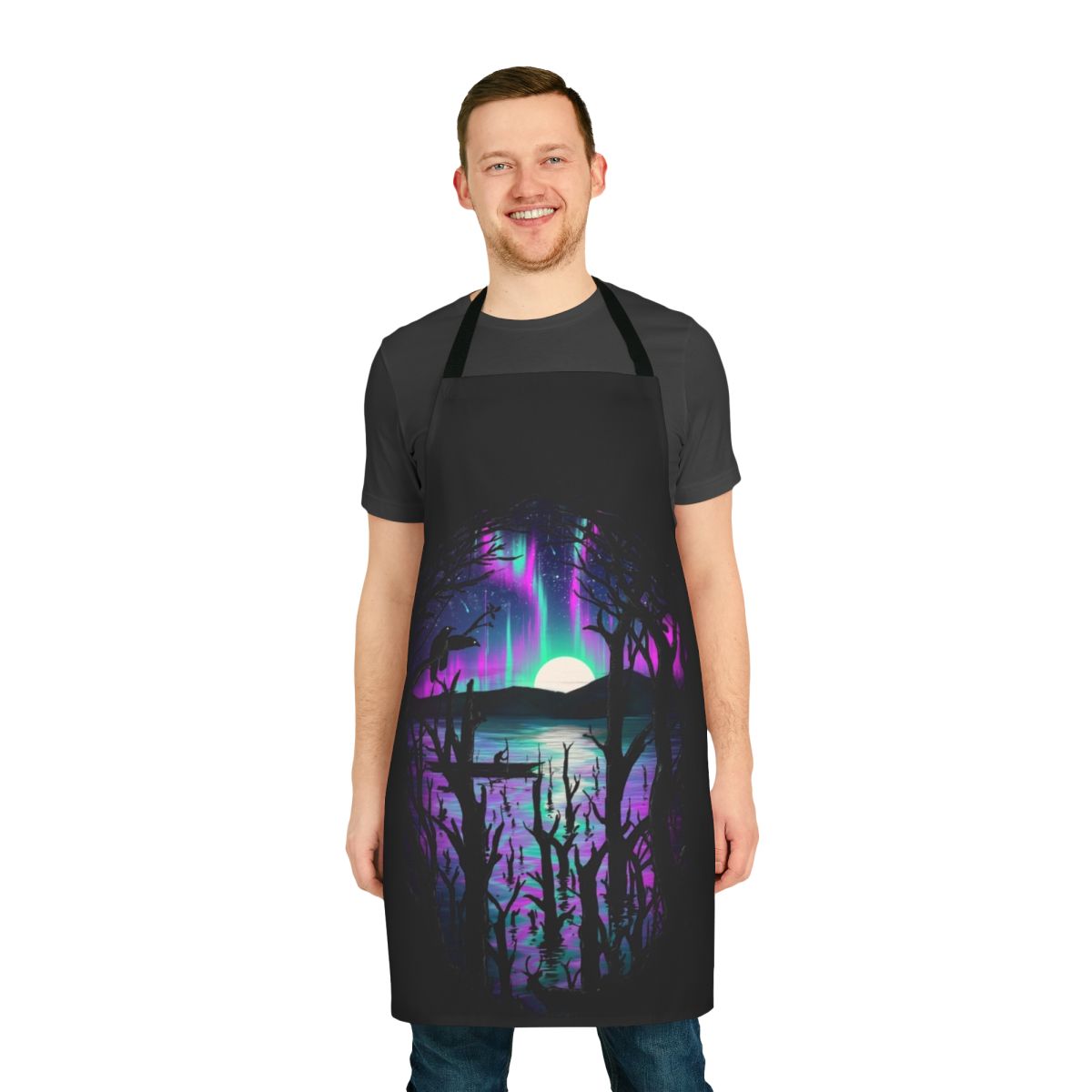 Apron with a vibrant, nature-inspired design featuring the aurora borealis, stars, and serene landscapes.