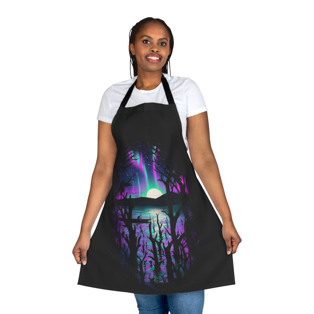 Apron with a vibrant, nature-inspired design featuring the aurora borealis, stars, and serene landscapes.