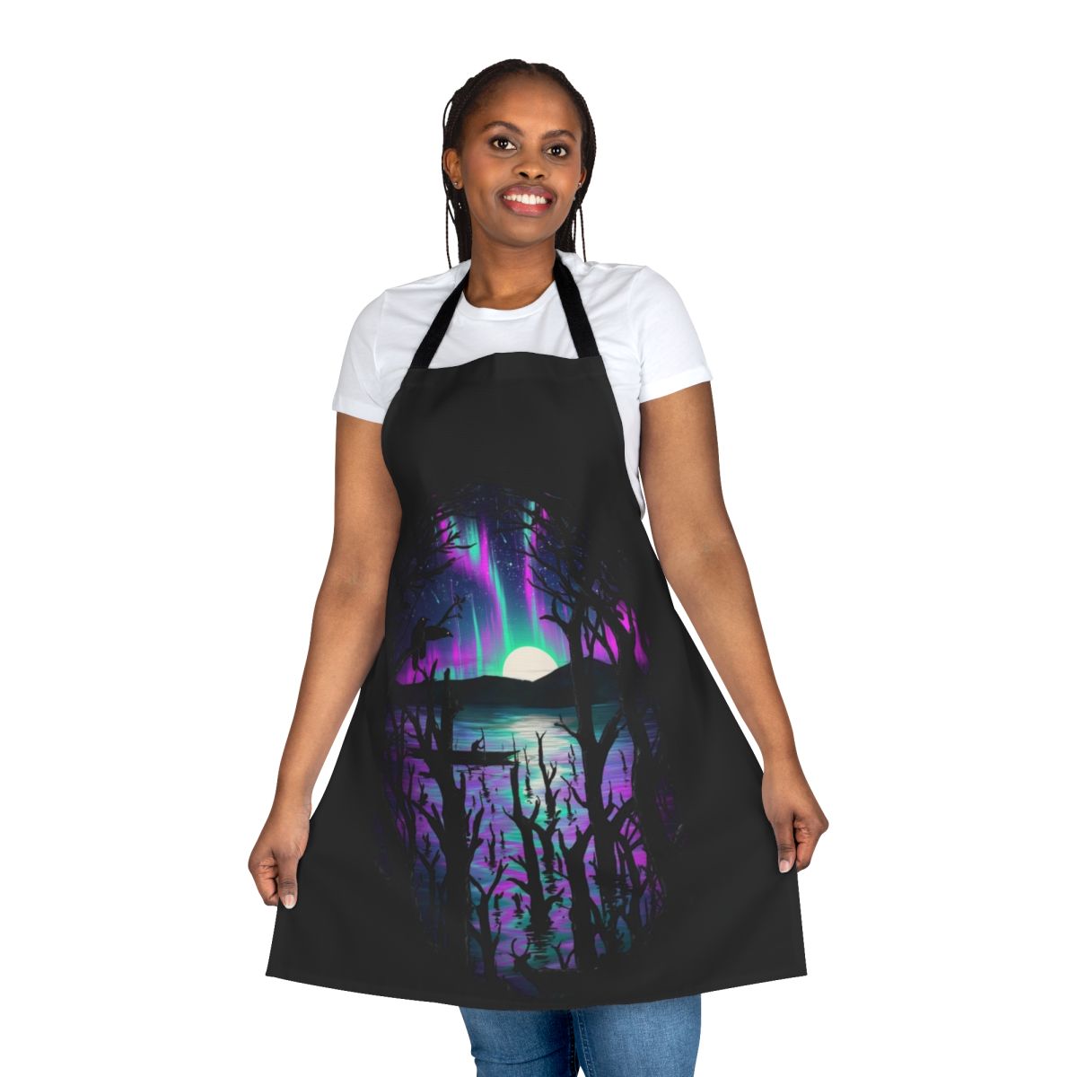 Apron with a vibrant, nature-inspired design featuring the aurora borealis, stars, and serene landscapes.