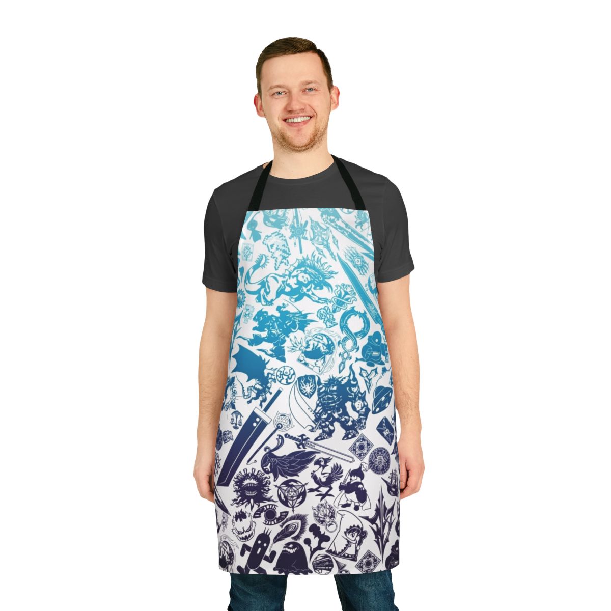 Blue apron featuring beloved Final Fantasy characters like Moogle and Chocobo