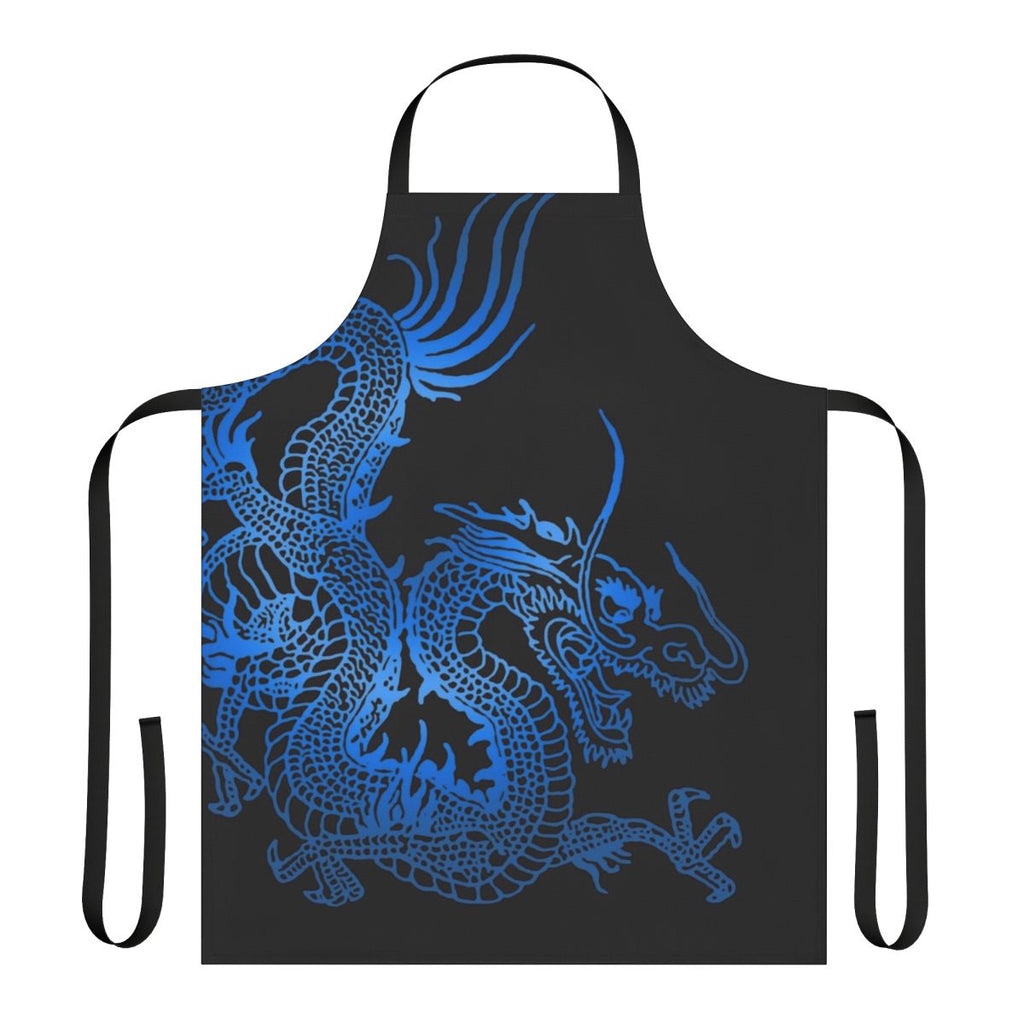A blue dragon-themed apron with an intricate, fantasy-inspired design