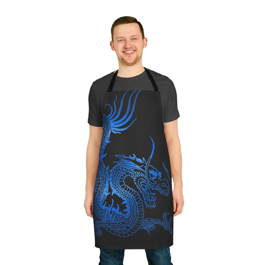 A blue dragon-themed apron with an intricate, fantasy-inspired design