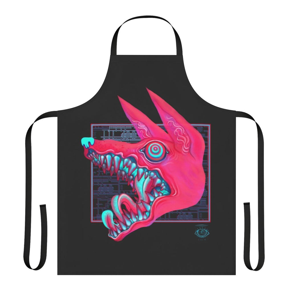 Closeup of a canine's mouth and teeth printed on a pastel-colored apron