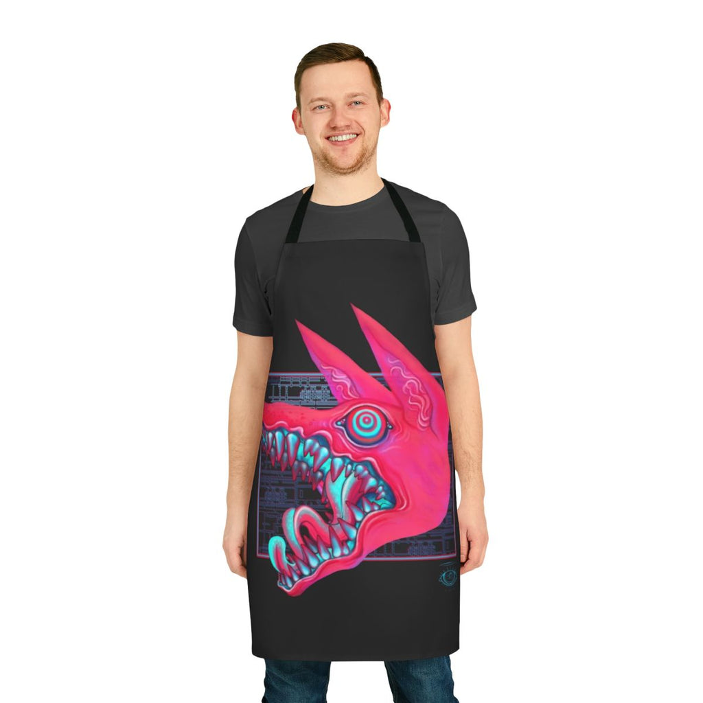 Closeup of a canine's mouth and teeth printed on a pastel-colored apron