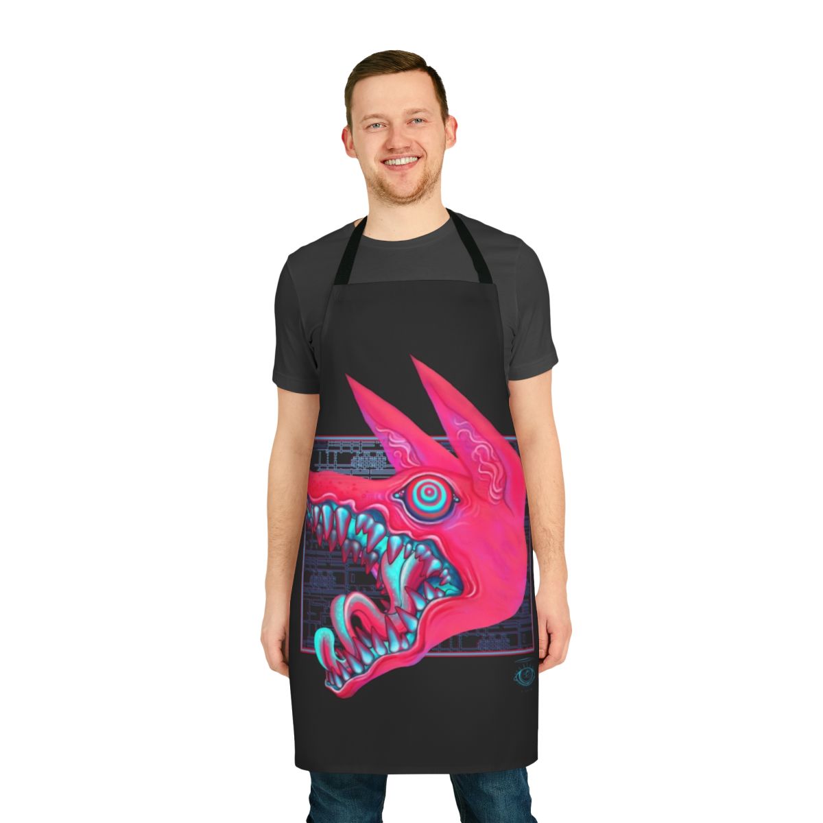 Closeup of a canine's mouth and teeth printed on a pastel-colored apron