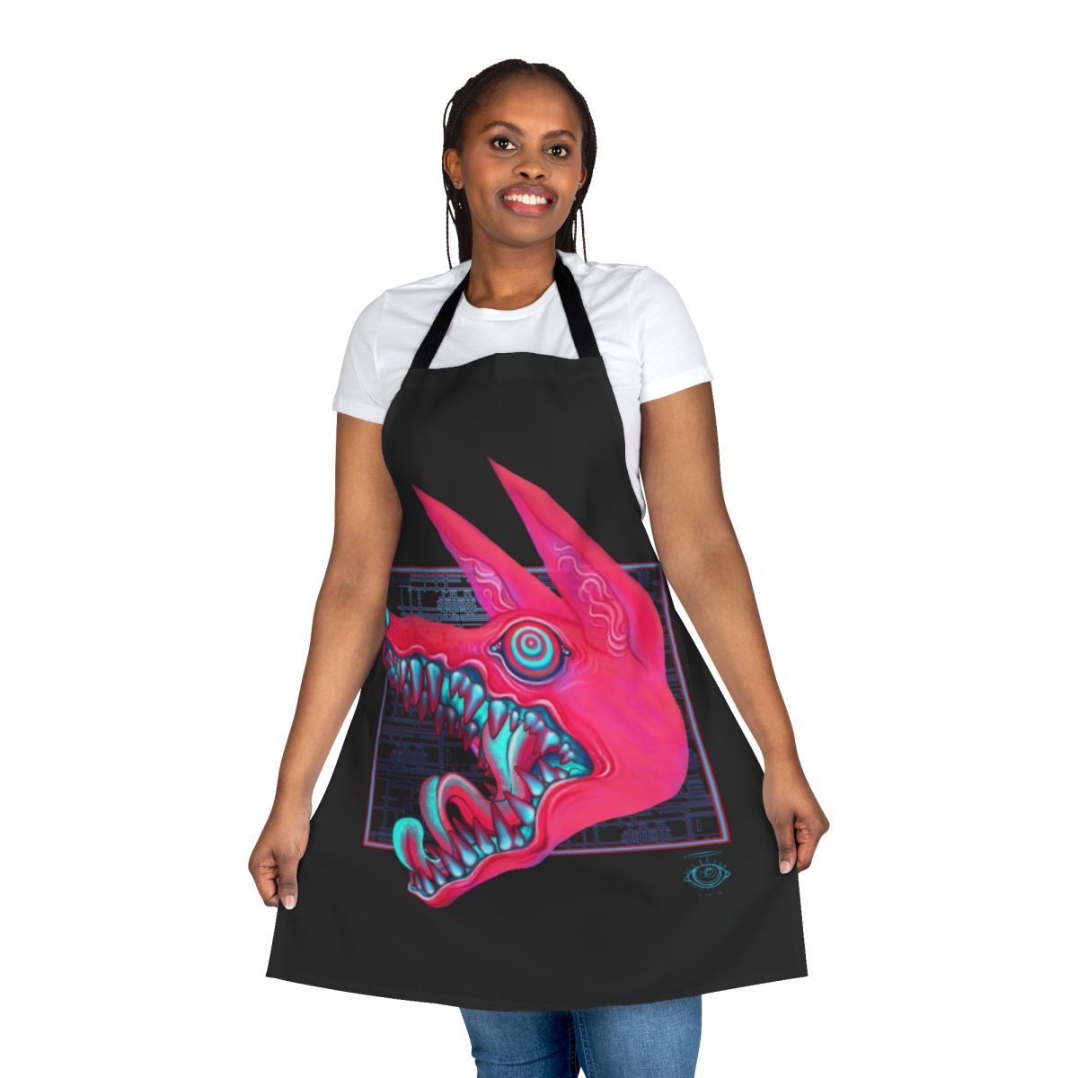 Closeup of a canine's mouth and teeth printed on a pastel-colored apron