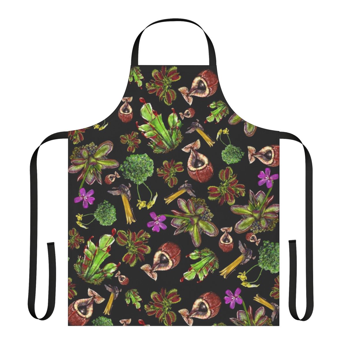 Apron featuring a stunning black background with vibrant carnivorous plants