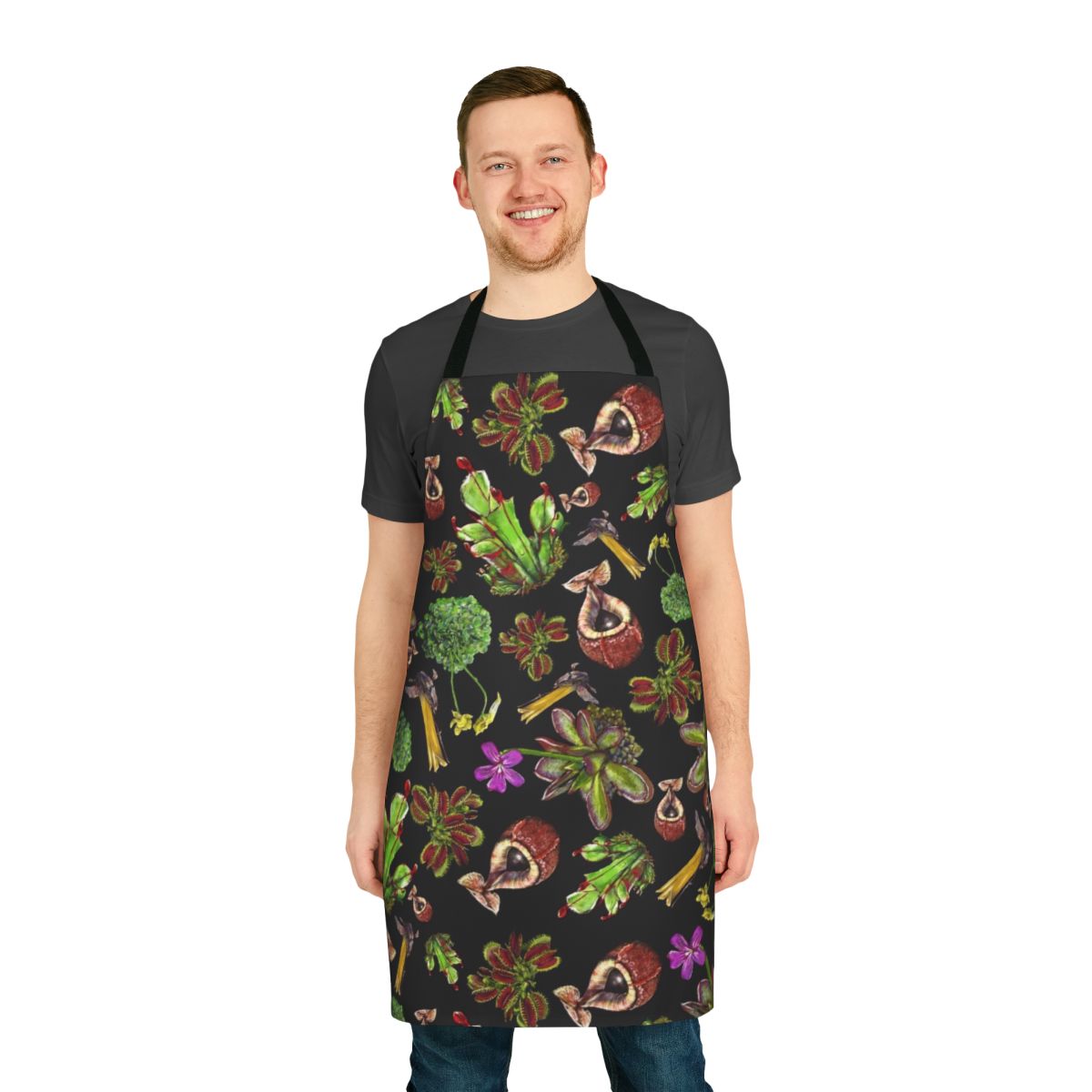 Apron featuring a stunning black background with vibrant carnivorous plants