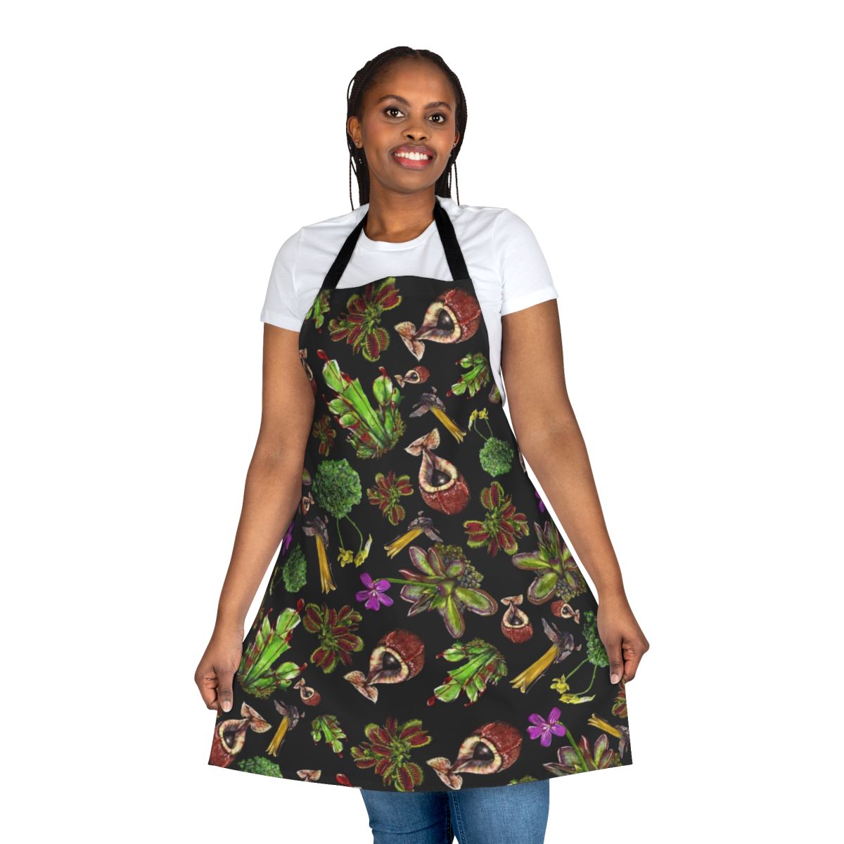 Apron featuring a stunning black background with vibrant carnivorous plants
