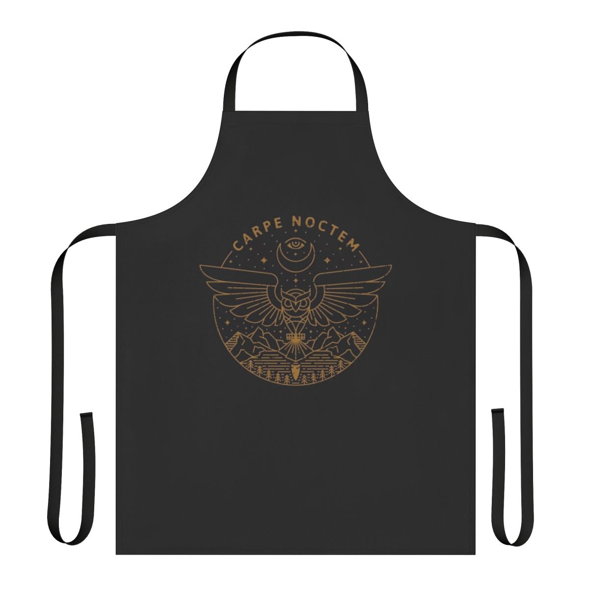 Carpe Noctem Apron featuring a creative monoline design of a night owl with the moon and mountains in the background.