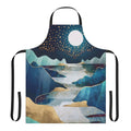 A beautifully designed apron featuring a captivating celestial landscape with a glowing moon, stars, and a serene waterscape.