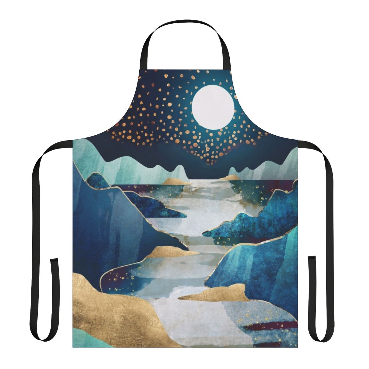 A beautifully designed apron featuring a captivating celestial landscape with a glowing moon, stars, and a serene waterscape.