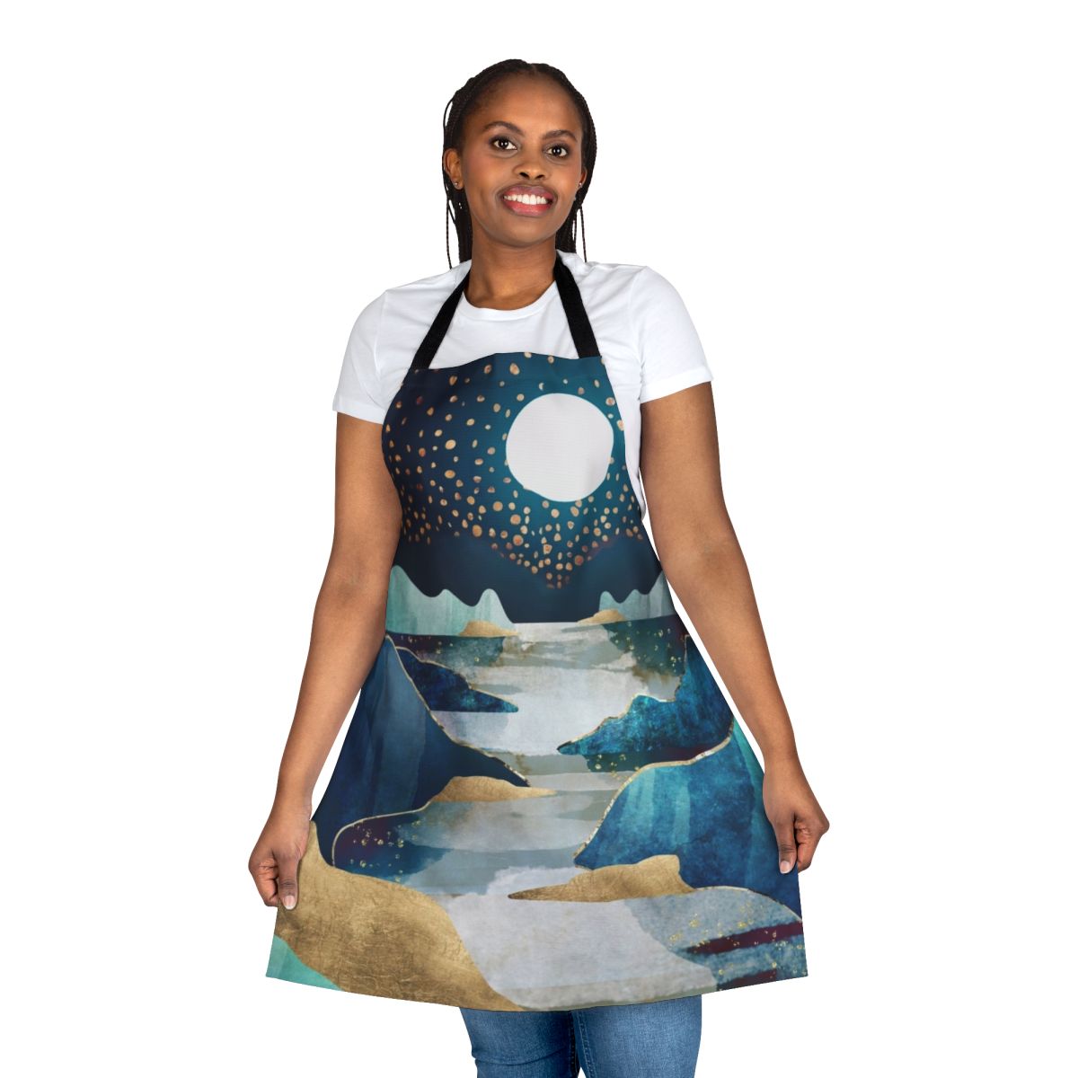 A beautifully designed apron featuring a captivating celestial landscape with a glowing moon, stars, and a serene waterscape.