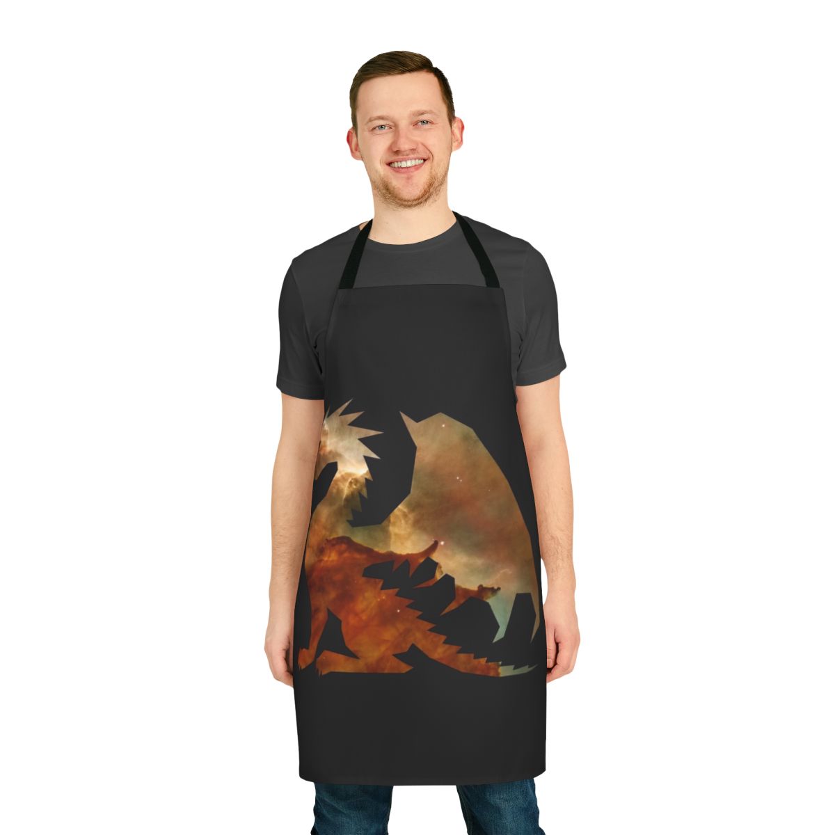 Cosmic dragon apron featuring a mystical watercolor galaxy creature design