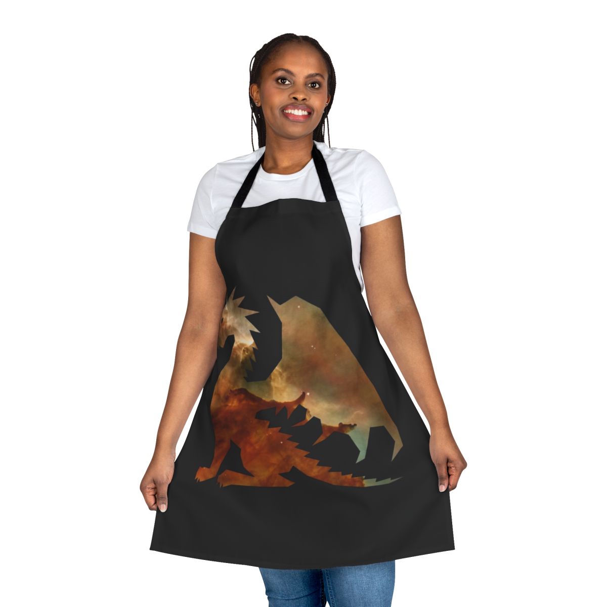 Cosmic dragon apron featuring a mystical watercolor galaxy creature design