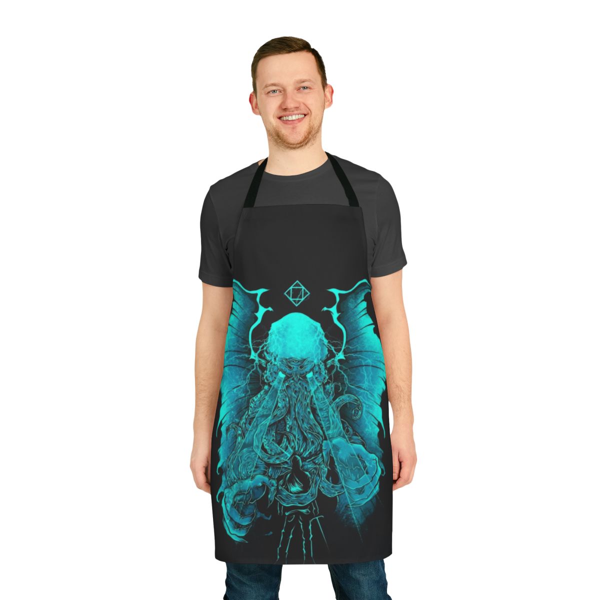 Cthulhu, the iconic mythical creature, featured in a bold digital illustration on a high-quality apron