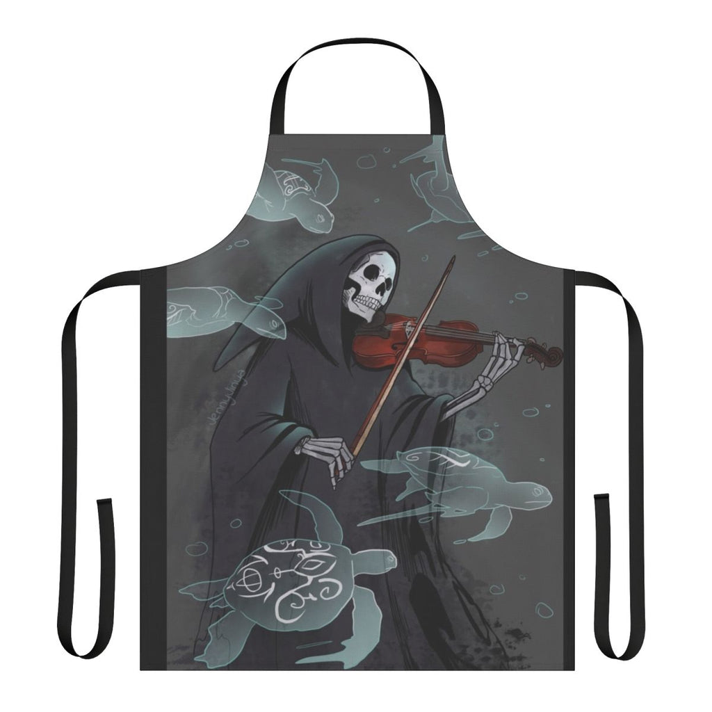 Dark, moody apron with a symphony and grim reaper design, perfect for musicians and gothic enthusiasts.