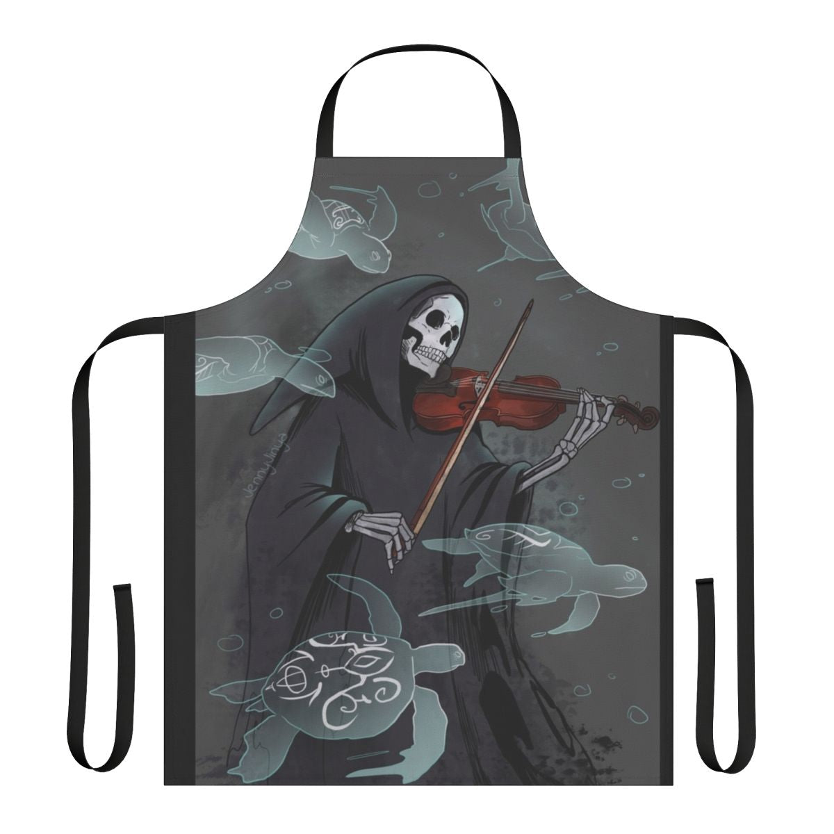 Dark, moody apron with a symphony and grim reaper design, perfect for musicians and gothic enthusiasts.