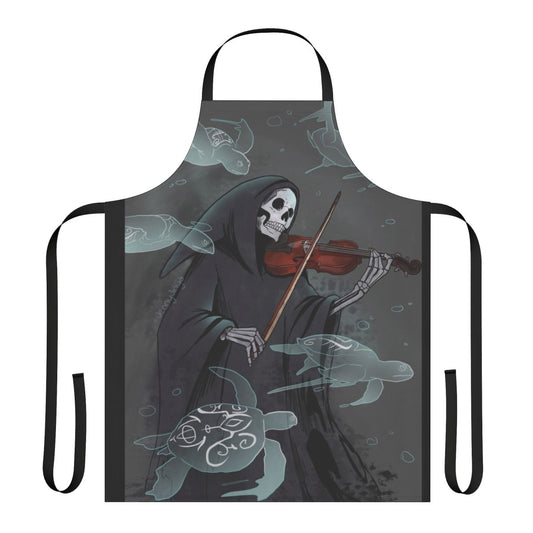 Dark, moody apron with a symphony and grim reaper design, perfect for musicians and gothic enthusiasts.