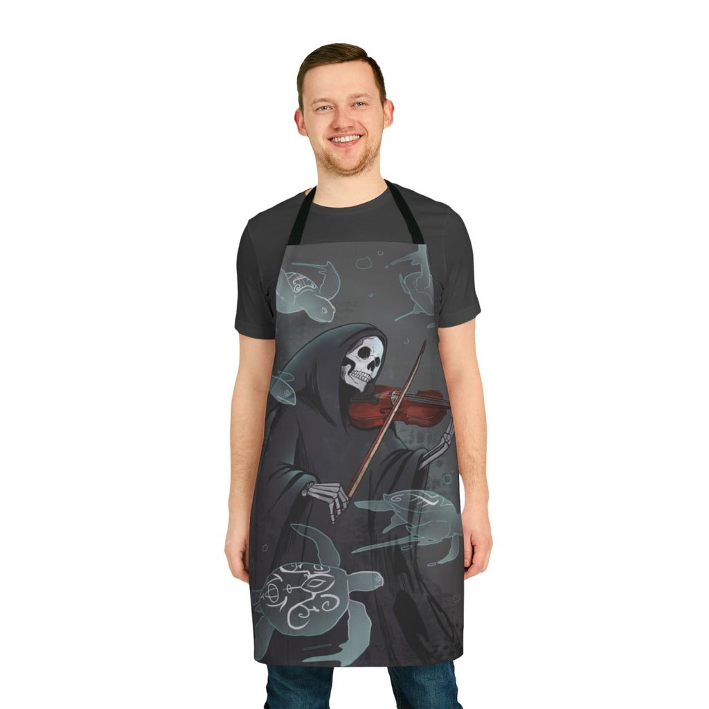 Dark, moody apron with a symphony and grim reaper design, perfect for musicians and gothic enthusiasts.