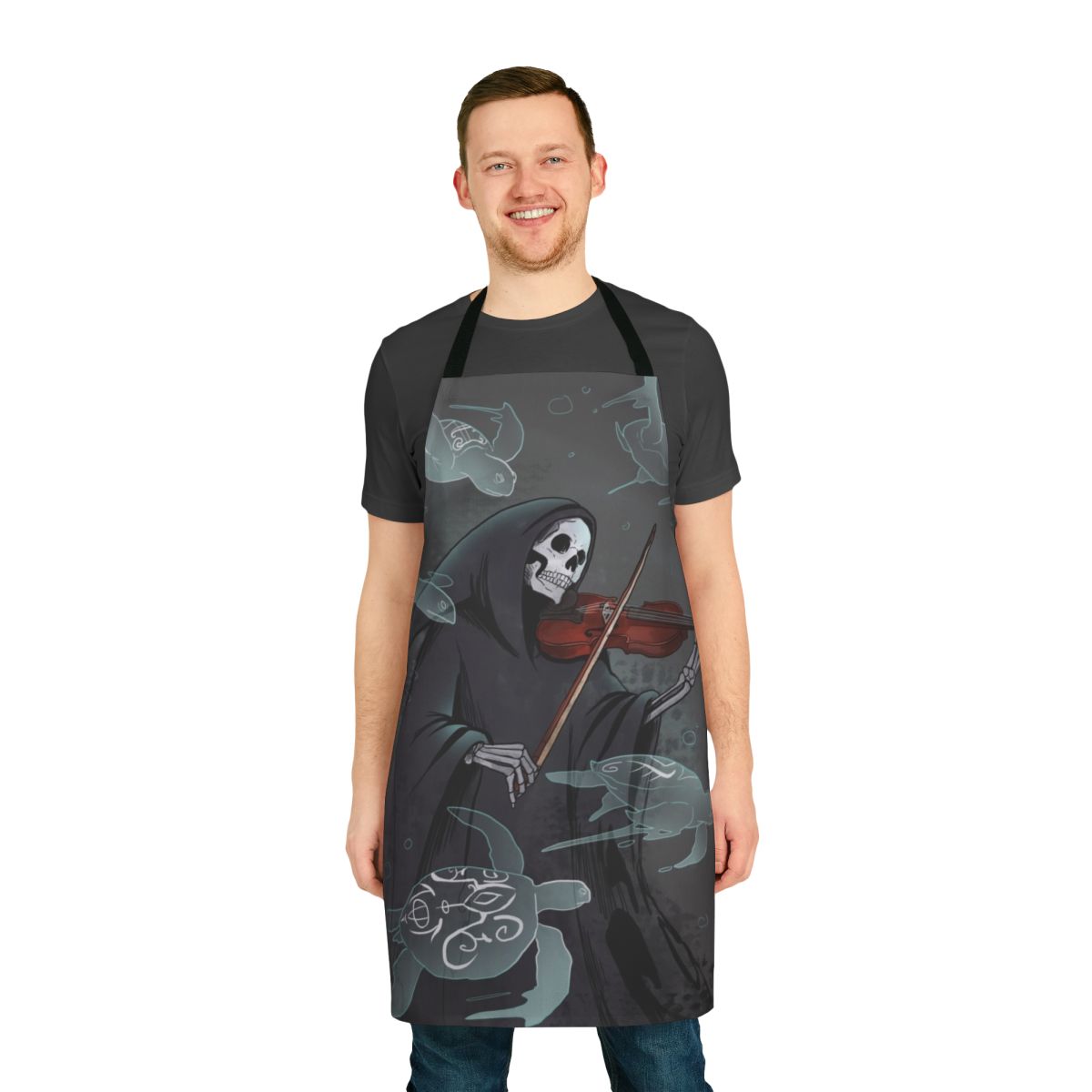 Dark, moody apron with a symphony and grim reaper design, perfect for musicians and gothic enthusiasts.