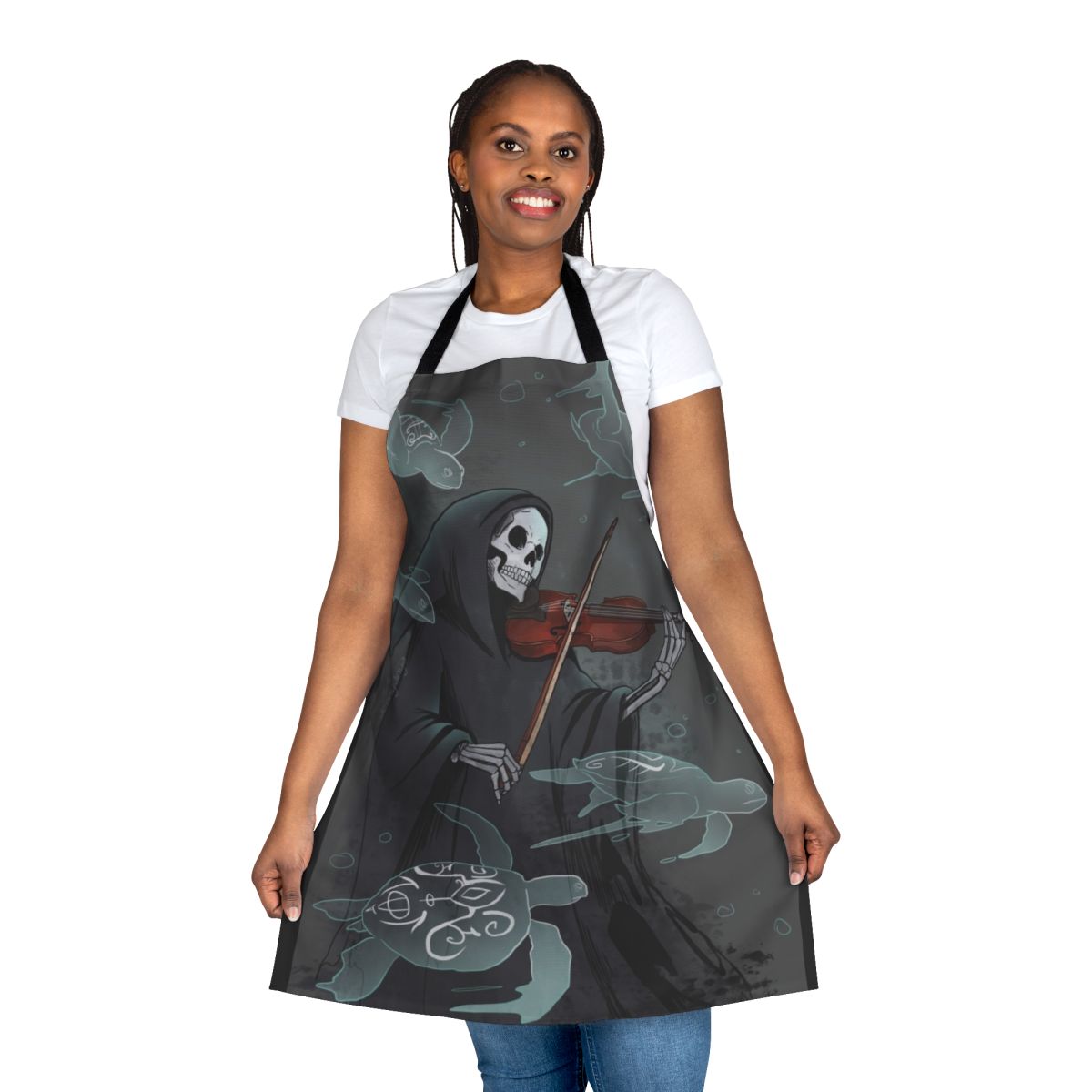 Dark, moody apron with a symphony and grim reaper design, perfect for musicians and gothic enthusiasts.