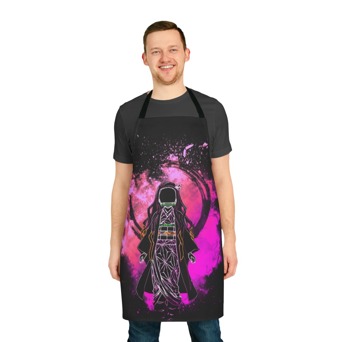 Vibrant anime-inspired apron featuring a silhouette of a demon slayer character