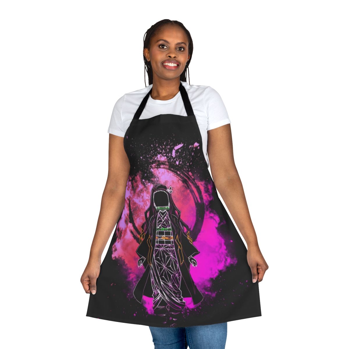 Vibrant anime-inspired apron featuring a silhouette of a demon slayer character