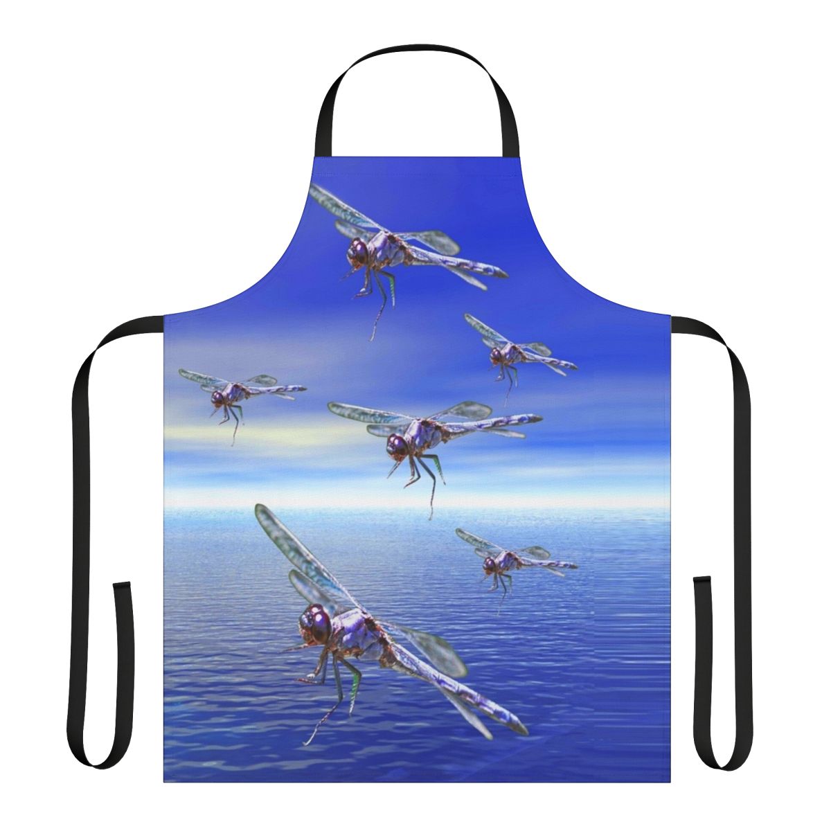 Vibrant dragonfly-themed apron with abstract, colorful patterns