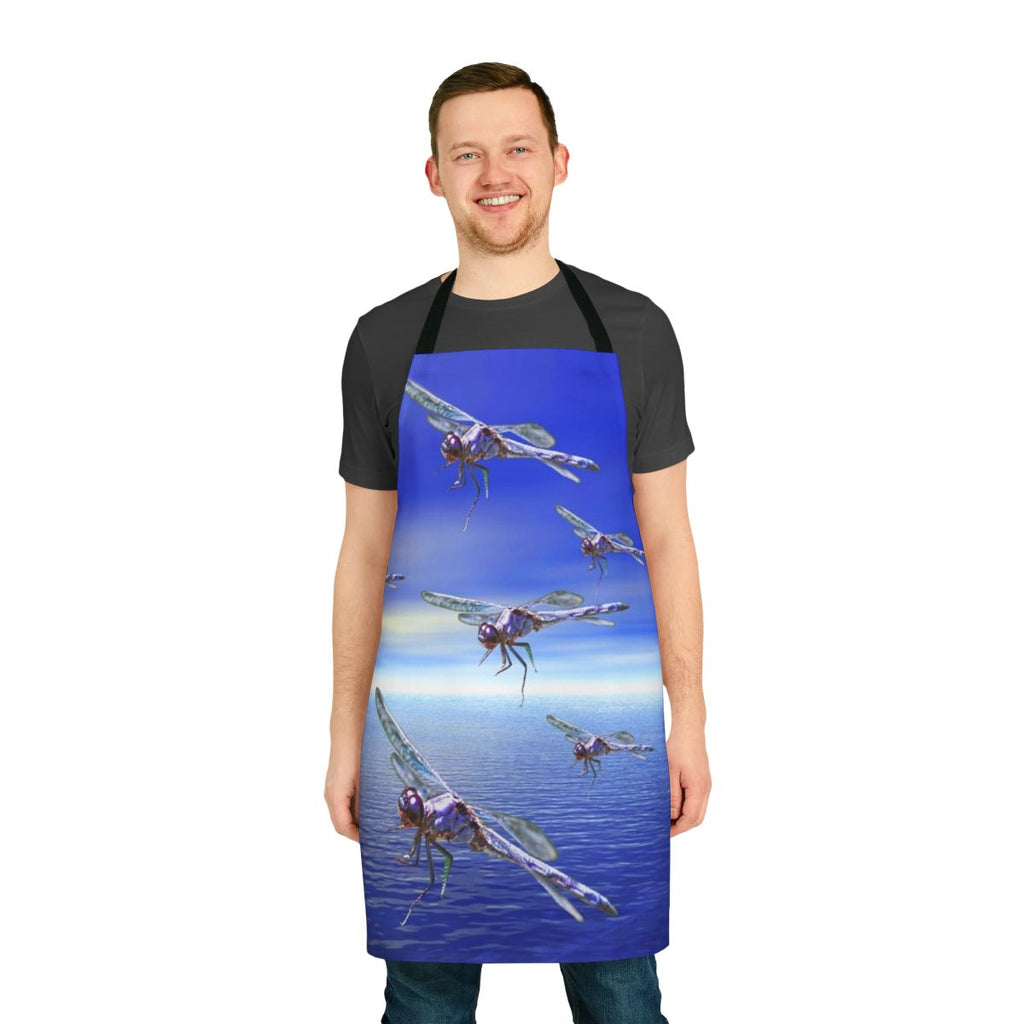 Vibrant dragonfly-themed apron with abstract, colorful patterns