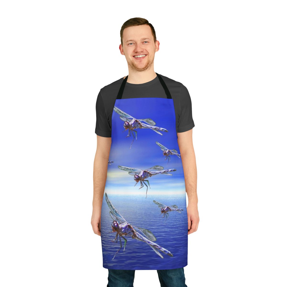 Vibrant dragonfly-themed apron with abstract, colorful patterns