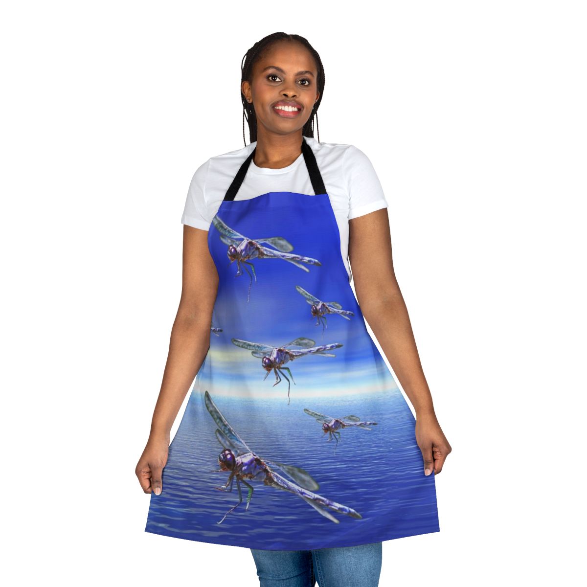Vibrant dragonfly-themed apron with abstract, colorful patterns
