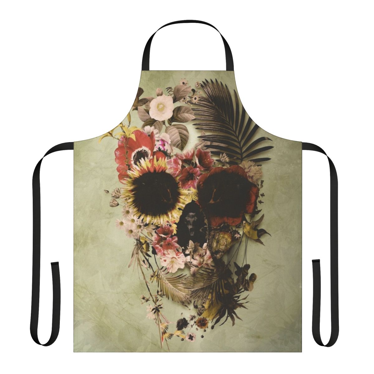 A vibrant and gothic-inspired garden skull floral apron