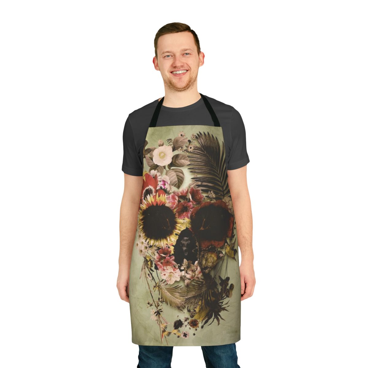 A vibrant and gothic-inspired garden skull floral apron